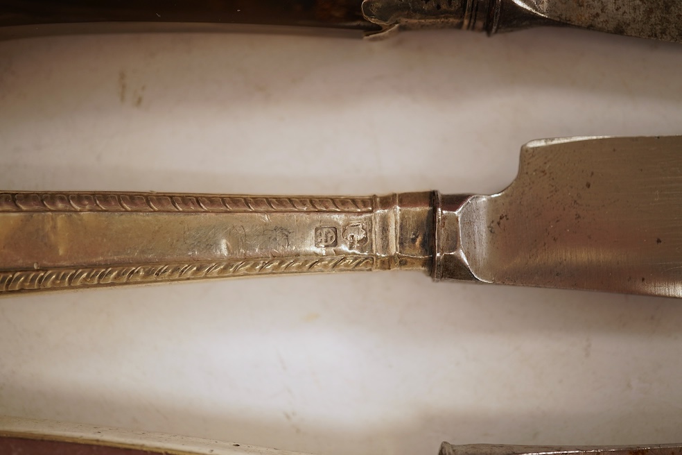 A collection of eleven Georgian silver, white metal or agate handled steel bladed knives, differing sizes, the largest 25cm, together with a set of eleven George III silver pistol handled dessert forks by Moses Brent, Lo